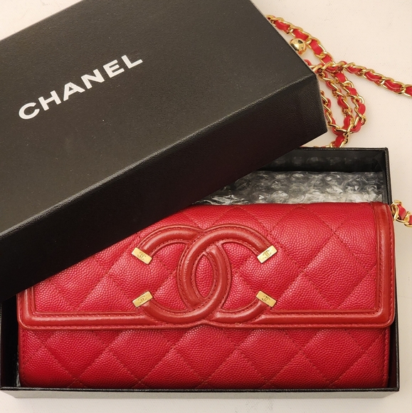 Chanel Filigree CC Flap Wallet Caviar Leather Red Gold Entrupy COA - Picture 7 of 13